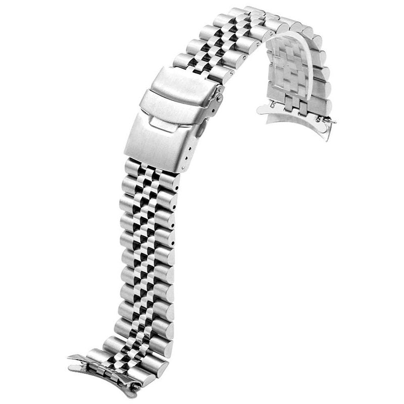 Juntan سوار ساعة معدني مرن من الفولاذ المقاوم للصدأ مع نهايات منحنية مقاس 20mm 22mm 23mm 24mm مع قفل مزدوج قابل للطي باللونين الفضي والأسود (24mm، فضي) - Image 2